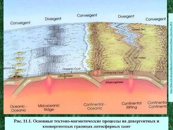 Основные тектоно-магматические процессы на дивергентных и конвергентных границах литосферных плит.