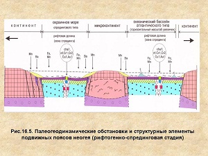 Палеогеодинамические обстановки и структурные элементы подвижных поясов неогея (рифтогенно-спрединговая стадия)